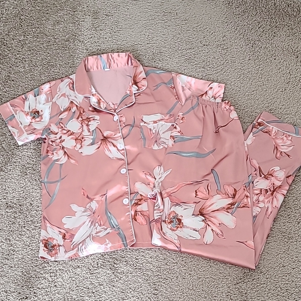 Floral Silky Pajama Set - Pink